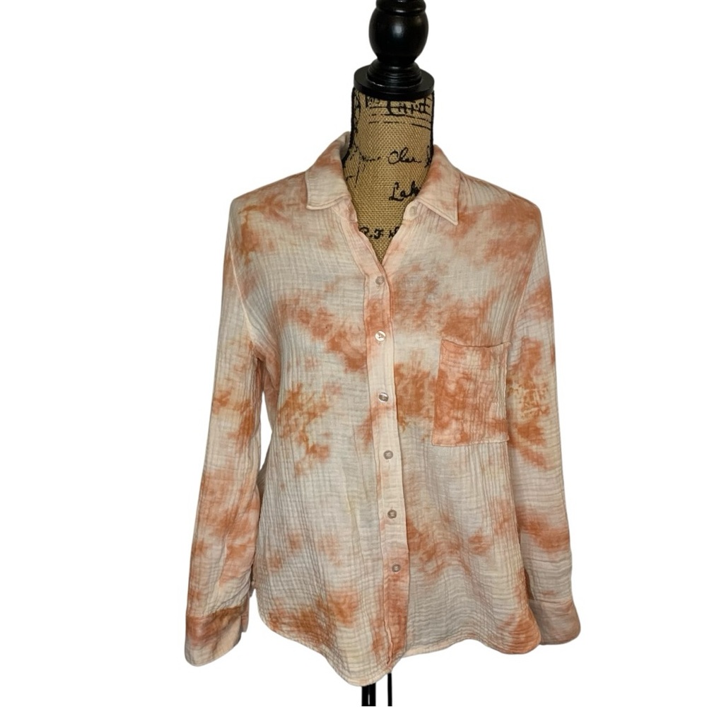 Roan + Ryan Cotton Gauze Salmon Tie-Dye  Button Up Oversized Small Women's Shirt